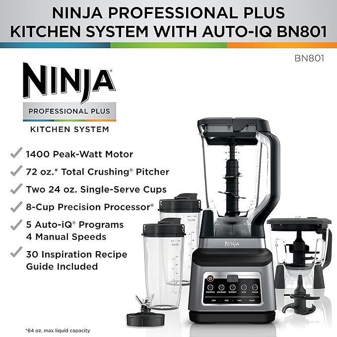 Ninja BN801 Professional Plus Kitchen System, 1400 WP, 5 Functions for Smoothies, Chopping, Dough & More with Auto IQ, 72-oz.* Blender Pitcher, 64-oz. Processor Bowl, (2) 24-oz. To-Go Cups, Grey - Image 2