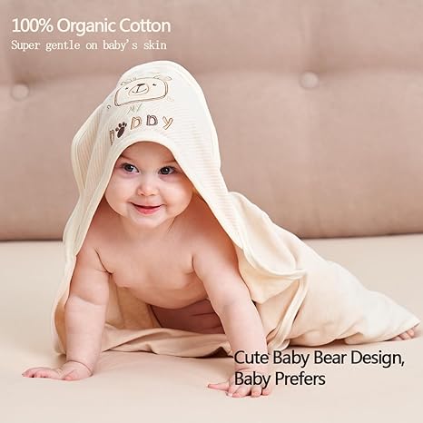 6 Pack 1 Baby Hooded Towel and 5 Washcloths Set, Premium Ultra Soft Reusable Organic Cotton Baby Bath Towel for Newborns, Infants, Toddlers, Unisex Babies' Gifts, Brown 30 x 30 Inch - Image 5
