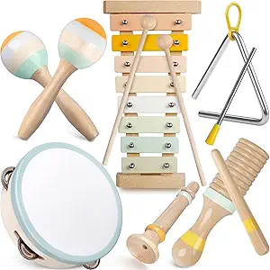 Baby Musical Instruments - Montessori Musical Toys for Toddlers 1-3, Neutral Colors Wooden Percussion Instruments Set, Modern Boho Xylophone Tambourine, Kids Preschool Educational Birthday Gifts