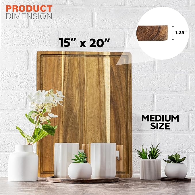 HOMESTEAD Edge Grain Cutting Board Wood 15x20" - Butchers Block Cutting Board 15x20", Acacia Chopping Board with Juice Groove and Handles, 1.25'' Thick - Image 2