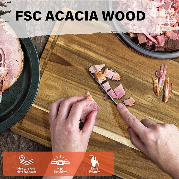 HOMESTEAD Edge Grain Cutting Board Wood 15x20" - Butchers Block Cutting Board 15x20", Acacia Chopping Board with Juice Groove and Handles, 1.25'' Thick - Image 3