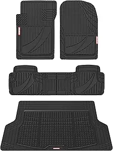 Motor Trend FlexTough Advanced Black Rubber Floor Mats with Cargo Liner Full Set - Front & Rear Combo Trim to Fit for Cars Van SUV, All Weather