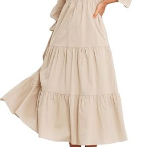 BTFBM Women Casual Long Sleeve Dress Fall Dresses 2024 Solid Color Relaxed Fit Smocked Tiered Flowy Boho Long Dresses