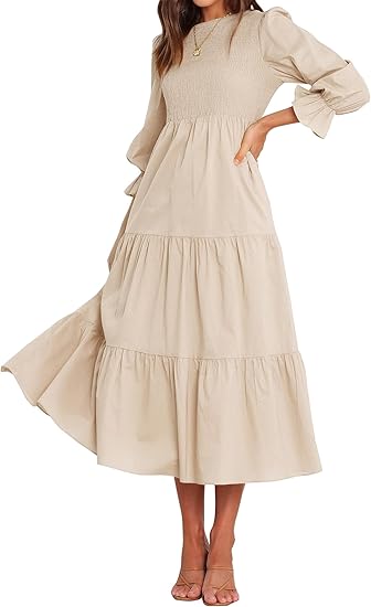 BTFBM Women Casual Long Sleeve Dress Fall Dresses 2024 Solid Color Relaxed Fit Smocked Tiered Flowy Boho Long Dresses
