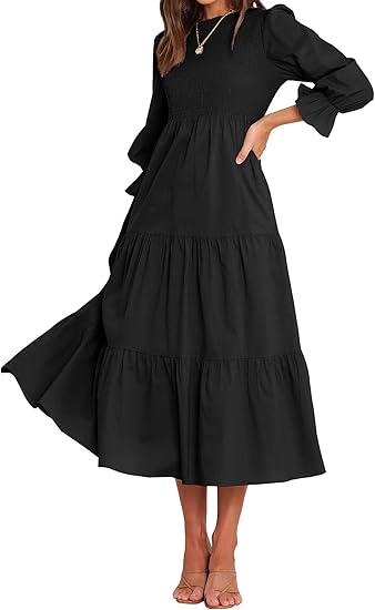 BTFBM Women Casual Long Sleeve Dress Fall Dresses 2024 Solid Color Relaxed Fit Smocked Tiered Flowy Boho Long Dresses - Image 2