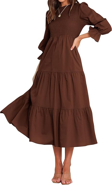 BTFBM Women Casual Long Sleeve Dress Fall Dresses 2024 Solid Color Relaxed Fit Smocked Tiered Flowy Boho Long Dresses - Image 3