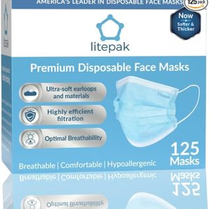Litepak 125-Pack Disposable Face Mask Premium Comfort Earloops with Dispenser Box