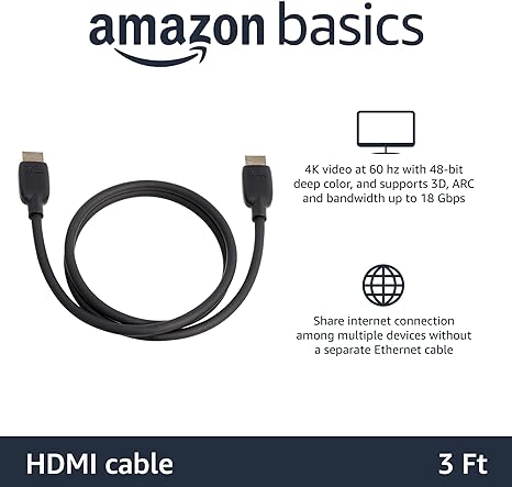 Amazon Basics HDMI Cable, 48Gbps High-Speed, 8K@60Hz, 4K@120Hz, Gold-Plated Plugs, Ethernet Ready, 3 Foot, Black - Image 2