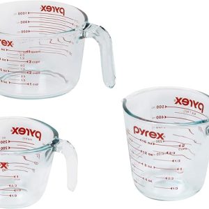 Pyrex 3 Piece Measuring Cup Set, Includes 1, 2, and 4 Tempered Glass Liquid Measuring Cups, Dishwasher, Freezer, Microwave, and Oven Safe, Essential Kitchen Tools