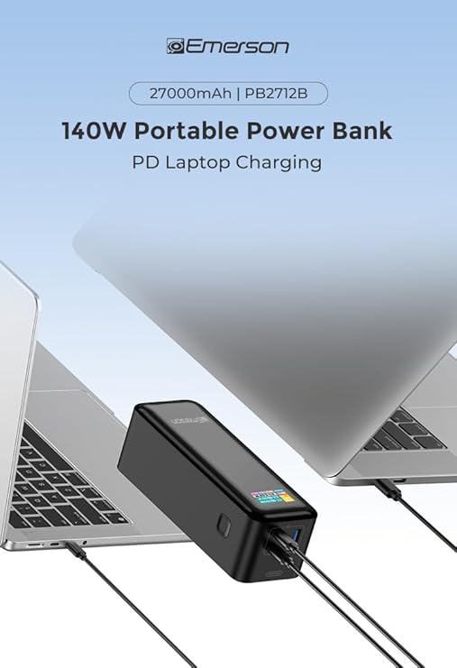 Emerson PB2712B Power Bank, Small and Travel Ready, 27,000mAh with PD 140W, USB-C and USB-A Ports with Intelligent Digital LCD Display, Black - Image 3
