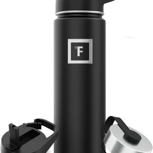 IRON °FLASK Camping & Hiking Hydration Flask with 3 Lids - Stainless Steel, Double Walled & Vacuum Insulated Water Bottle - Leak Proof & BPA Free (Midnight Black, Straw - 22 oz)