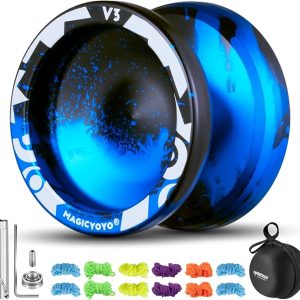 MAGICYOYO V3 Responsive Yoyo for Kids Beginners , Professional Yoyo for Adult, Dual Purpose Metal Yo-Yo with Replacement Bearing + 12 Yoyo Strings, Bearing Removal, Axle, Yoyo Case (Black Blue)
