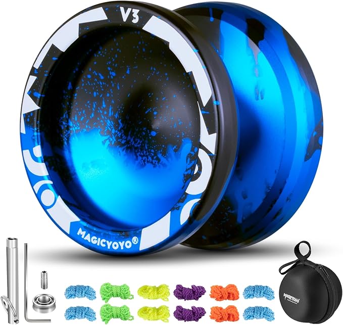 MAGICYOYO V3 Responsive Yoyo for Kids Beginners , Professional Yoyo for Adult, Dual Purpose Metal Yo-Yo with Replacement Bearing + 12 Yoyo Strings, Bearing Removal, Axle, Yoyo Case (Black Blue)
